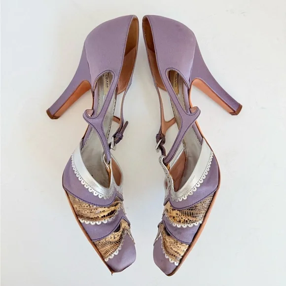 Prada Vintage Lilac Satin Snakeskin Trim Cutout Mary Jane T-Strap Heels EU38 - Picture 6 of 11
